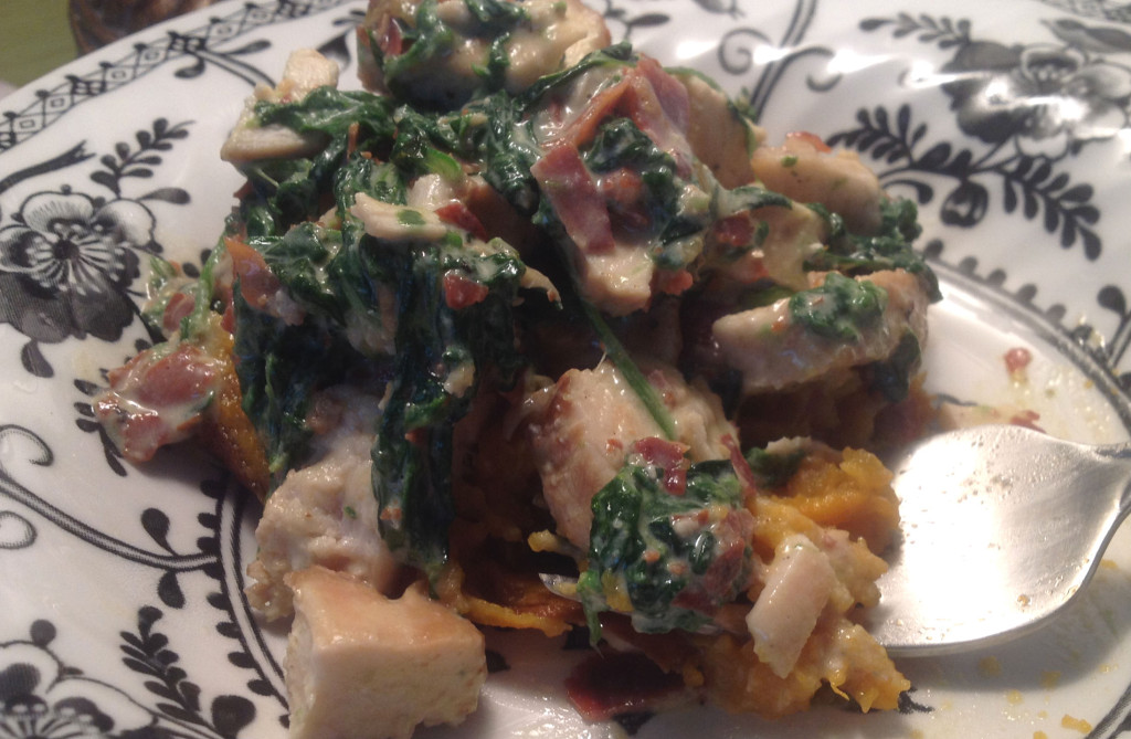 GymTato sweet potatoe, chicken, prosciutto, spinach and tahini spread