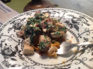 Sweet potato stuffed with chicken, spinach, prosciutto and Tahini